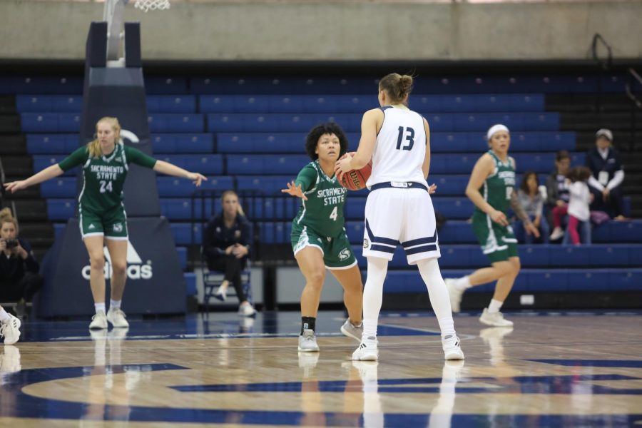 Sac State senior guard Camariah King guards UC Davis senior guard Katie Toole against the Aggies on Tuesday, Nov. 26 at The Pavilion. The Hornets lost 88-84 on the road at Seattle University on Friday.