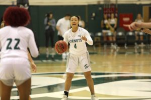Sac State senior guard Camariah King calls out a play against Montana State on Saturday, Dec. 28 at the Nest. The Hornets were defeated by the Bobcats 85-48.