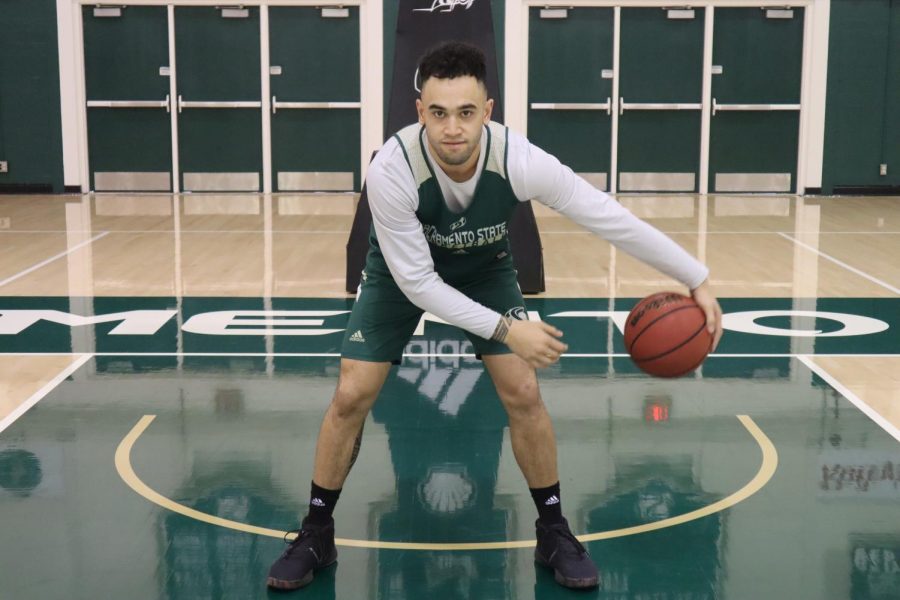 Sac State senior guard Izayah Mauriohooho-Leafa dribbles at practice on Thursday, Dec. 5 at the Nest. Mauriohooho-Leafa was a finalist for the Big Sky Defensive Player of the Year award in the 2018-19 season.