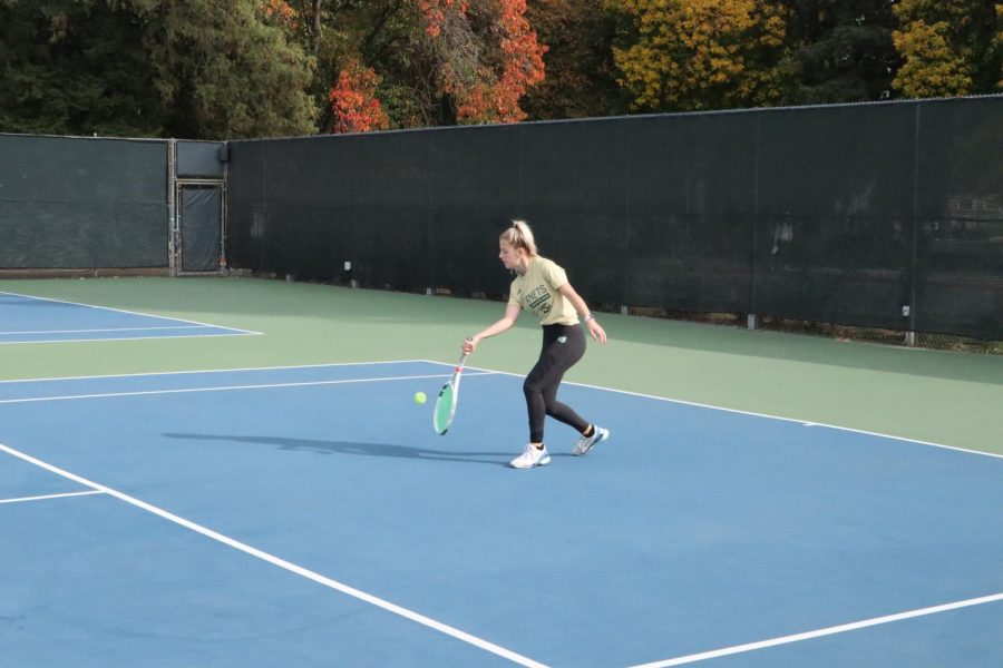 Sac State junior tennis player Jenna Dorian returns a serve during practice. The womens tennis team will be getting a new locker room in Yosemite Hall 169 for the teams 11 players.