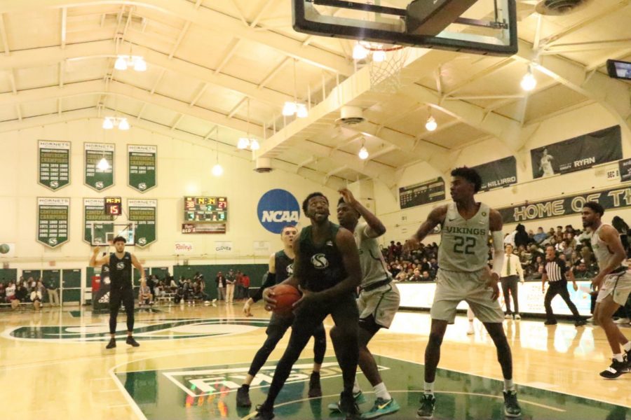 Sac State senior center Joshua Patton drives to the bucket against Portland State at the Nest on Thursday, Jan. 23. Patton scored eight of his 12 points in the second half.