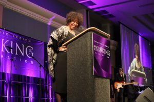 Racial equality activist Ruby Bridges addresses the crowd during the 21st Annual Martin Luther King Jr. Celebration at the Sac State Union Ballroom on Sunday, Jan. 26. Bridges was recognized for being the first Black child to desegregate an elementary school in the south.