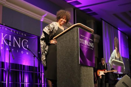 Racial equality activist Ruby Bridges addresses the crowd during the 21st Annual Martin Luther King Jr. Celebration at the Sac State Union Ballroom on Sunday, Jan. 26. Bridges was recognized for being the first Black child to desegregate an elementary school in the south.