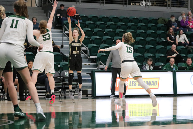 Sac State sophomore point guard Milee Enger shoots a 3-pointer in front of Portland State sophomore guard Desirae Hansen against the Vikings on Thursday, Jan. 23 at the Peter W. Stott Athletic Center. The Hornets defeated the Vikings 73-70 on the road Thursday night.