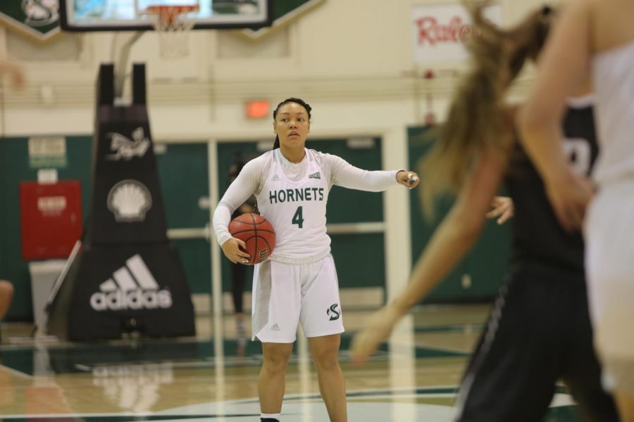 Sac State senior guard Camariah King calls out a play against Montana on Monday, Dec. 30, 2019 at the Nest. The Hornets lost on the road to Idaho State 80-62 on Saturday, Jan. 4, 2020.