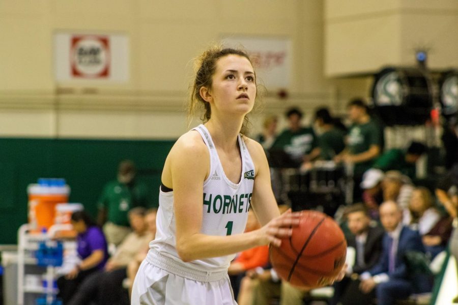 Sac State sophomore point guard Milee Enger prepares to shoot a free throw against Weber State on Thursday, Feb. 6 at the Nest. The Hornets defeated the Wildcats 58-52.