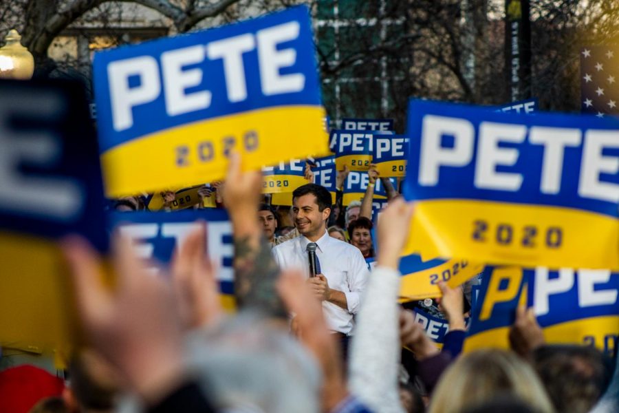 Supporters cheer on for Mayor Pete Buttigieg during his Town Hall at the Cesar Chavez Plaza in Downtown Sacramento on Friday, Feb. 14.
