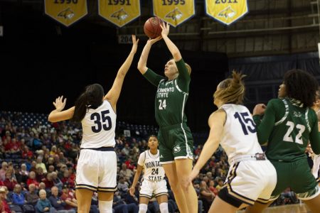 Sac State sophomore guard Tiana Johnson shoots the ball against Montana State on Thursday, Feb. 27 at Brick Breeden Fieldhouse. The Hornets were defeated 113-69 by the Bobcats. 