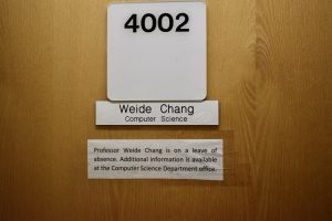 Note left on door of computer science associate professors Weide Chang office in Riverside Hall, alerting students of his leave of absence. The university said he was intercepted on his way to class Wednesday, Feb 19.