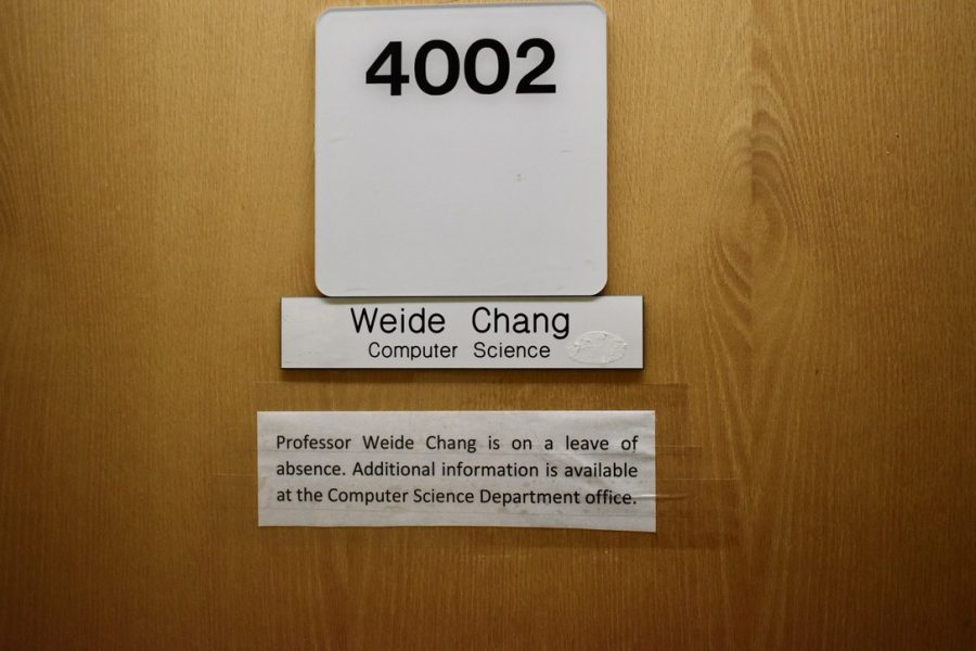 Note left on door of computer science associate professor's Weide Chang office in Riverside Hall, alerting students of his leave of absence. The university said he was intercepted on his way to class Wednesday, Feb 19.