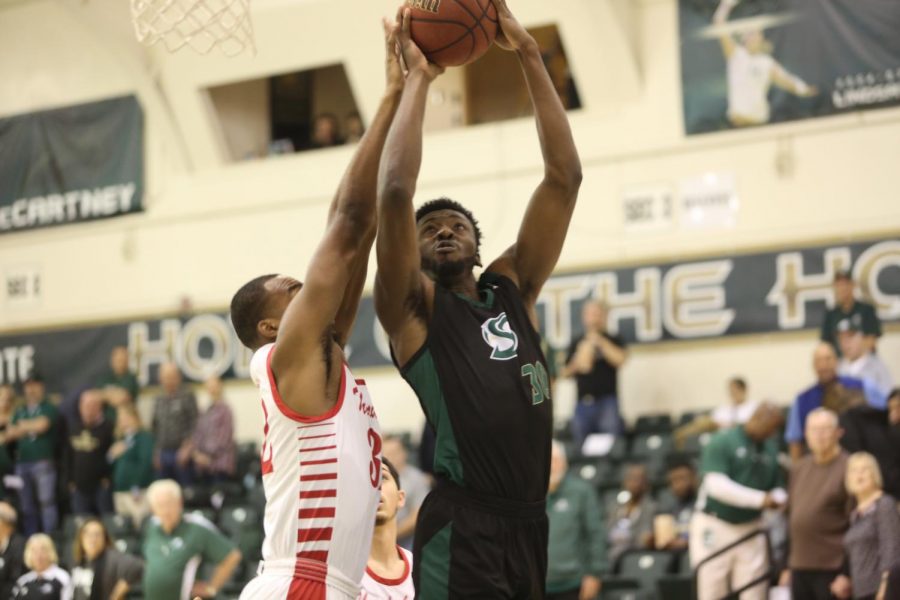 Sac State senior center Joshua Patton rises for a shot against Southern Utah at the Nest on Thursday, Feb. 13. The Hornets defeated Southern Utah 70-55. 