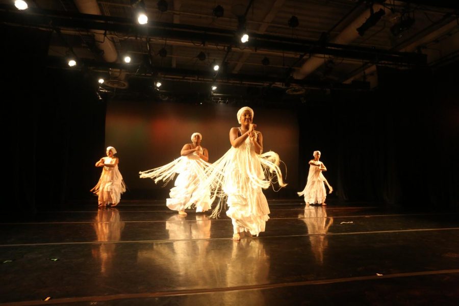 Miguel Forbes, Gelline Guevarra, Andrea Guianan, Senaj Jones, Shania Lovelace, and Nafi Thompson perform Avanhia,” which is a celebratory African dance, during the Black Art of Dance performance on Wednesday, Feb. 26.