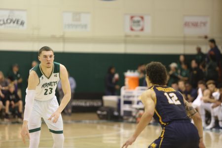 Sac State junior guard Bryce Fowler looks for a teammate in the post against Northern Colorado at the Nest on Saturday, Feb. 15. The Hornets lost to the Bears 68-65.