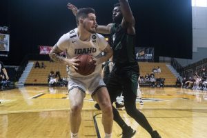 Sac State senior center Joshua Patton attempts to block Idaho on the road at Kibbie Dome on Saturday, Feb. 22. The Hornets defeated the Vandals 67-56.