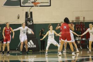 Sac State sophomore point guard Milee Enger defends Southern Utah freshman forward Shalyn Fano against the Thunderbirds on Saturday, Jan. 18 at the Nest. The Hornets lost 70-44 at the University of Idaho on Monday night.