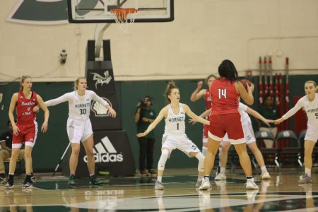 Sac State sophomore point guard Milee Enger defends Southern Utah freshman forward Shalyn Fano against the Thunderbirds on Saturday, Jan. 18 at the Nest. The Hornets lost 70-44 at the University of Idaho on Monday night.