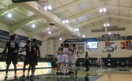 The Sac State mens basketball team huddles during the game against Idaho on Monday, Feb. 4 at the Nest. The Hornets fell 67-53 to the Vandals.