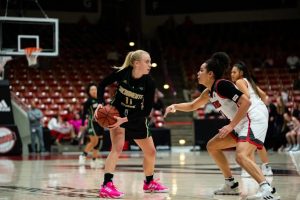 Sac State sophomore guard Summer Menke looks for an open teammate while being guarded by Southern Utah junior forward Jessica Chatman on Thursday, Feb. 13 at the America First Event Center. The Hornets defeated the Thunderbirds 71-62 on the road. 
