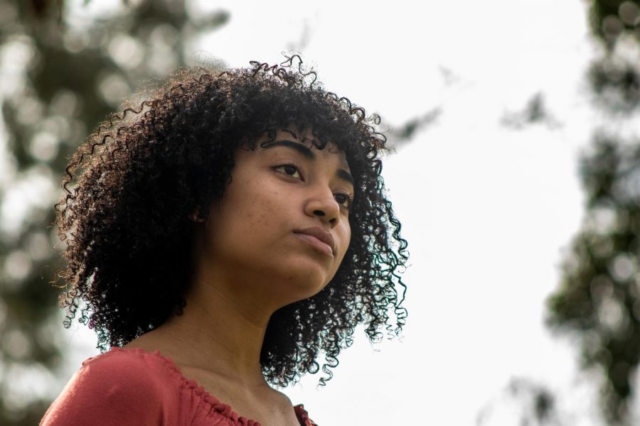 Kinesiology major and model Tajah Bonae poses in Alumni Grove at Sac State on, Feb. 28. Bonae also has a blog where she writes poetry and gives advice to young adults.