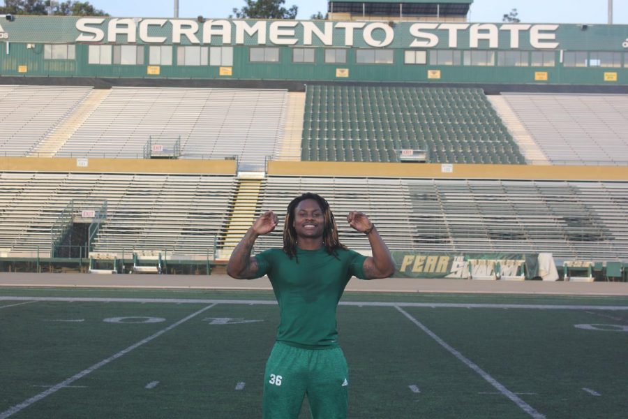 Sac State defensive back Prince Washington poses for a photo in Hornet Stadium after the teams morning workout on Friday, March 6. Washington was put on scholarship after joining the team as a walk-on and took over as the starting defensive back for the last three games of the 2019 season.