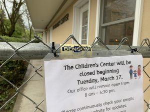 A sign announcing the closure of the ASI Childrens Center on Monday, March 16. The center will be closed Tuesday, March 17 and will remain closed indefinitely. 