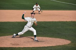 Sac State junior pitcher Stone Churby throws a pitch against Santa Clara on Sunday, March 1 at John Smith Field. The Athletics Department announced Wednesday it would be implementing new policies to limit attendance at all future home athletic events. 