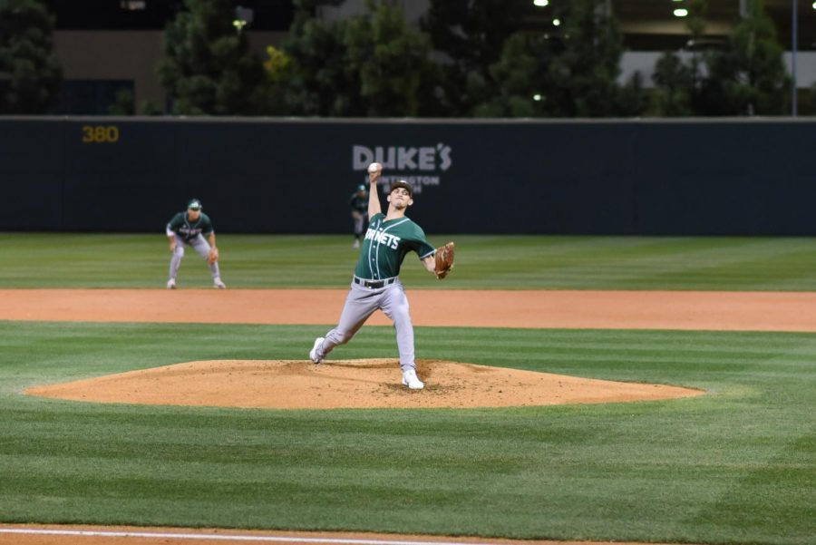 Sac State junior righty Scott Randall throws a pitch against UC Irvine on Saturday, March 7 at the Bren Events Center. The Anteaters won the first two games, leading to a series win over the Hornets.
