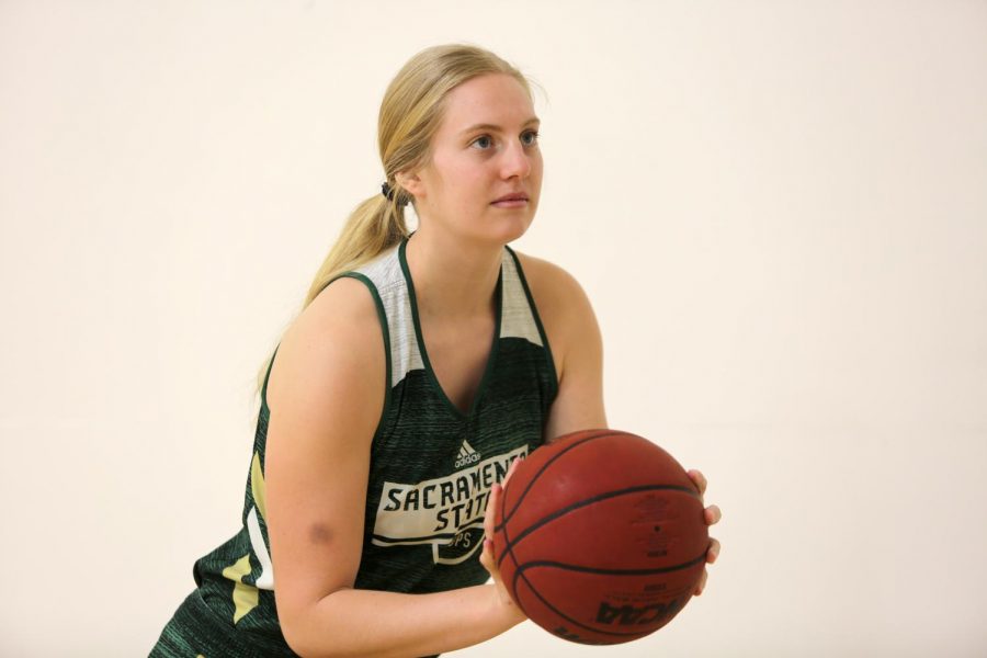 Sac State sophomore forward Tiana Johnson prepares to shoot at Yosemite Hall. Johnson has averaged 11.6 points and 5.5 rebounds per game in the 2019-20 season.