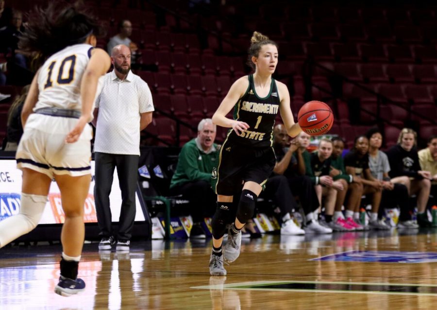 Sac State sophomore point guard Milee Enger dribbles the ball up court against Northern Colorado on Monday, March 9 at CenturyLink Arena. The Hornets season came to an end with a 79-61 loss to the Bears.