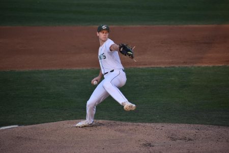Sac State senior pitcher Parker Brahms throws a pitch against the University of Wisconsin, Milwaukee at John Smith Field on Friday, Feb. 21. Sac State announced Wednesday that all spring sports would be canceled through the end of academic year.