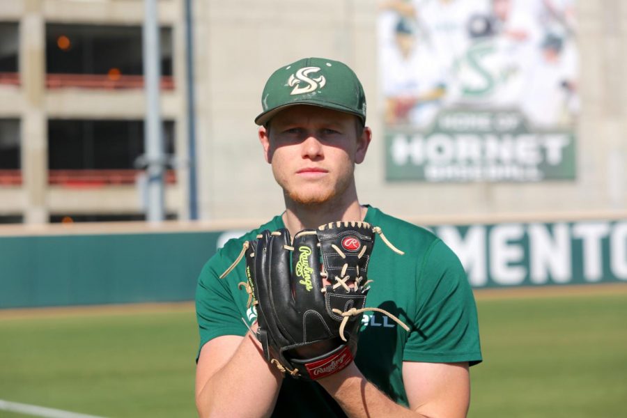 Sac State senior pitcher Parker Brahms poses for a photo at practice on Thursday, Feb. 6 at John Smith Field. Brahms was drafted in the 27th round of the 2019 MLB Draft by the Los Angeles Dodgers but chose to return to Sac State.