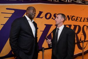 Sac State alumnus Sam Amick interviews Basketball Hall of Famer Earvin Magic Johnson before a Clippers and Lakers game on Oct. 19, 2017 at the Staples Center. Amick currently works as an NBA insider for The Athletic, and was one of the few reporters assigned to work inside the NBA bubble.