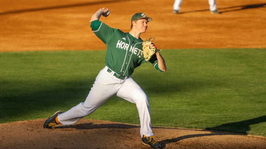 Sac State right-handed pitcher Parker Brahms throws a pitch against CSU Bakersfield on Saturday, April 29, 2017 at John Smith Field during his freshman year. Brahms came back to Sac State to finish his senior year, despite being drafted to the MLB.