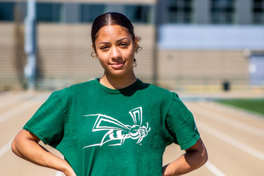 Sac State junior sprinter Mikayla Revera poses on the track at Hornet Stadium on March 10. Revera finished the indoor season with career bests in the 200 and 400 races.