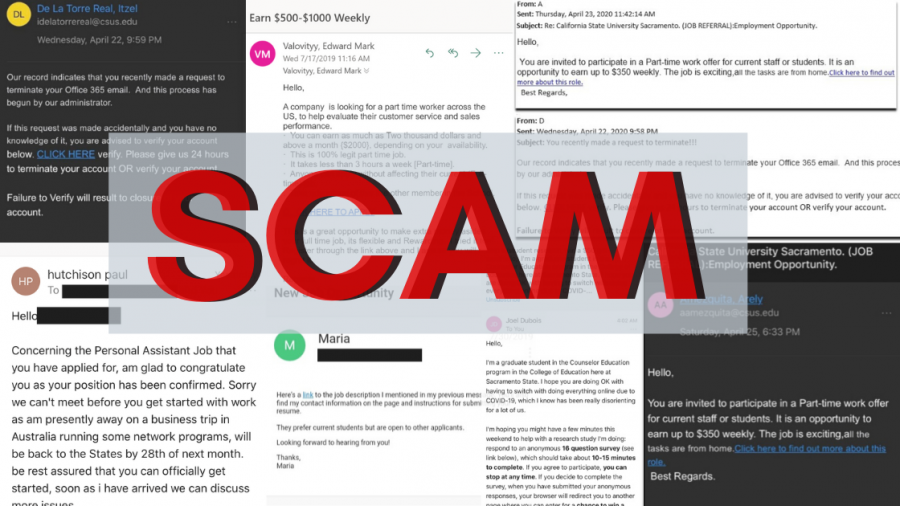 Collage of phishing scam emails sent to Sac State students. Sac State Information Resources & Technology warned students of a spike in phishing attempts in a SacSend email sent on April 24.