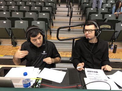 Former KSSU Sports Director Anthony Rifenburg (left) and Keith Jouganatos broadcast a men's basketball game on Nov. 11, 2018 at the Nest. The KSSU sports department's agreement with the Athletics Department has expired, and will not be renewed.