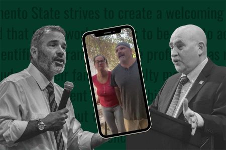 Provost Steve Perez and Sac State President Robert Nelsen will serve as panelists along with vice president for inclusive excellence Diana Tate Vermeire at a virtual town hall on May 19, 2020, in response to a viral video where a Sac State professor's wife used a racial slur. Screenshot via Facebook. Photos by Rahul Lal and Joseph Daniels. Graphic made in Canva.