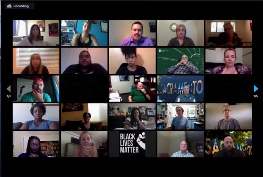 Students, staff and alumni attending a BE FREE meeting partake in discussion on June 25, 2020, at the second meeting via Zoom. BE FREE meetings were started to address systemic racism within Sac States theatre and dance department. 