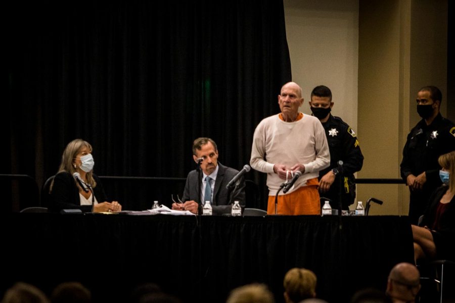 Joseph DeAngelo stands as he apologizes to the survivors of his crimes and the families of his victims. Sacramento States University Union acted as a makeshift courtroom for the sentencing trial of DeAngelo, dubbed the Golden State Killer, on Friday, August 21, 2020.