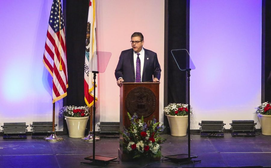 Fresno+State+President+Joseph+Castro+speaks+during+the+fifth+annual+State+of+the+University+breakfast+at+the+Save+Mart+Center+on+Feb.+11%2C+2020.+Castro+was+announced+as+the+new+CSU+Chancellor+Wednesday+morning.+Photo+courtesy+of+the+Fresno+State+Collegian.