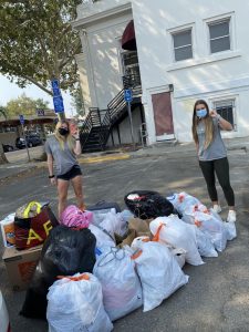 Sacramento State soccer players Shay Valenzano and Christina Lazar donating bags of clothes, shoes and toiletries on Thursday Aug. 27, 2020. The pair created a donation center for the Sac State women’s soccer team to help those affected by the fires.