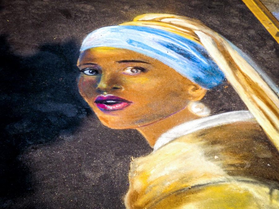 A modern take on a classic painting with  Lupita Nyongo as The Girl with a Pearl Earring chalked in John C. Fremont Park by Beth Mederros during the annual Chalk It Up! Festival. The festival was held throughout the greater Sacramento area on Sept. 5 through Sept. 7, 2020 to allow for social distancing at each site.