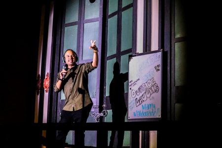 Headlining comedian Manny Maldonado performs from the outdoor stage on the boardwalk outside Laughs Unlimited in Old Sacramento Friday, Sept. 18, 2020. Maldonado said he drove seven hours from Los Angeles to perform in front of the small crowd but was happy to do it saying