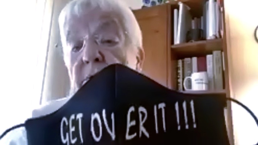 Jane Elliott displayed her Get Over It!!! mask as she discussed the anatomy of prejudice in a guest lecture hosted by Sacramento States UNIQUE via Zoom Wednesday. 