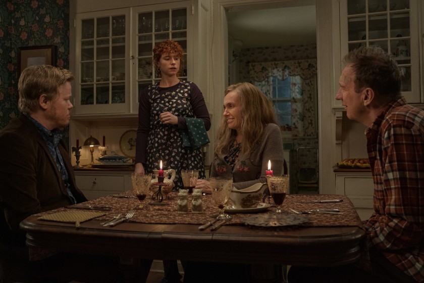 The Young Woman, played by Jessie Buckley, must endure an uncomfortable dinner with her boyfriend Jake, played by Jesse Plemons, and his parents, played by Toni Collette and David Thewlis. Photo courtesy of Netflix.