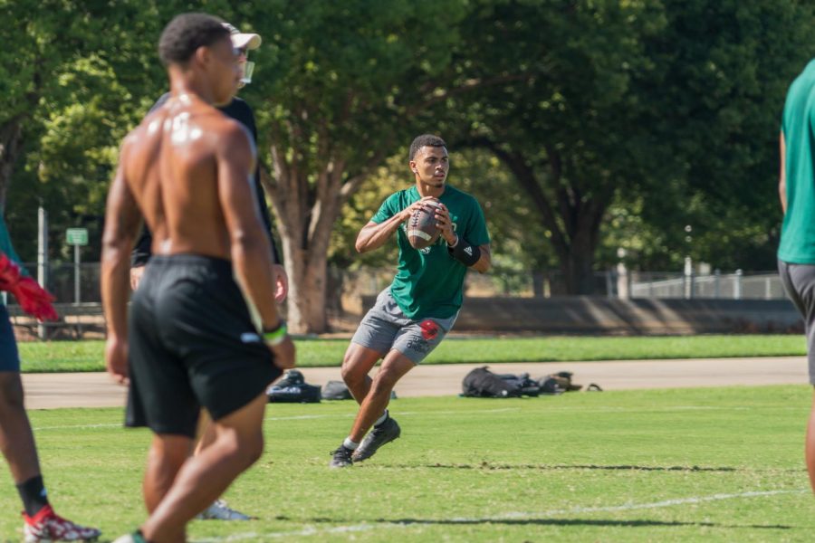 Sacramento State quarterback Kaiden Bennett winds up for a pass during drills at the practice field behind Hornet Stadium on Thursday, Sept. 24th, 2020. Bennett, who played at Folsom High School, transferred to Sac State to play for the Hornets. 