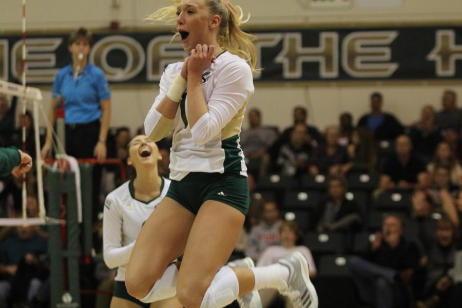 Sacramento State senior setter Kennedy Kurtz celebrates a 3-1 victory in the first round of the Big Sky Tournament Thursday, Nov. 16 2017 at Colberg Court. Kurtz led the nation in assists for the Hornets.
