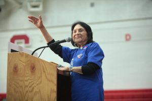Labor leader and civil rights activist Dolores Huerta speaks during a campaign rally with former President Bill Clinton on March 20, 2016 at Central High School in Phoenix, Arizona. Huerta spoke on voting, the national census and anti-racism at a virtual event hosted by Sacramento States Serna Center Friday. Dolores Huerta by Gage Skidmore is licensed under CC BY-SA 2.0. 