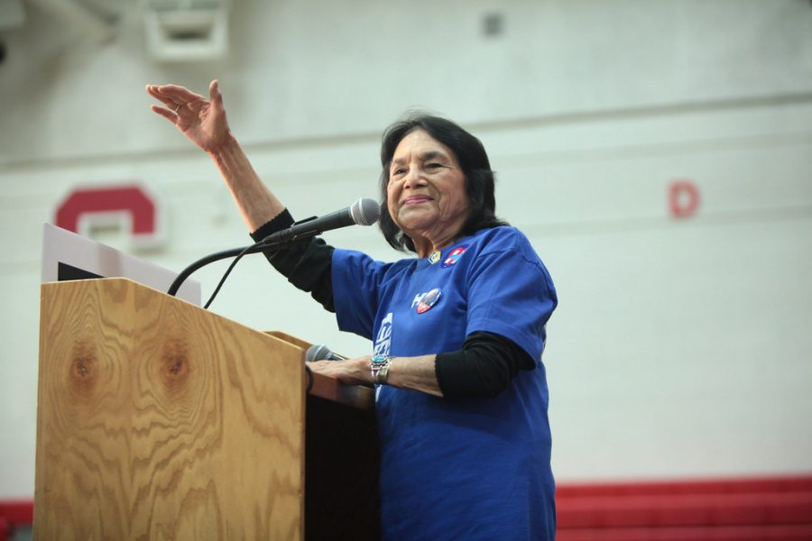 Labor leader and civil rights activist Dolores Huerta speaks during a campaign rally with former President Bill Clinton on March 20, 2016 at Central High School in Phoenix, Arizona. Huerta spoke on voting, the national census and anti-racism at a virtual event hosted by Sacramento State's Serna Center Friday. 