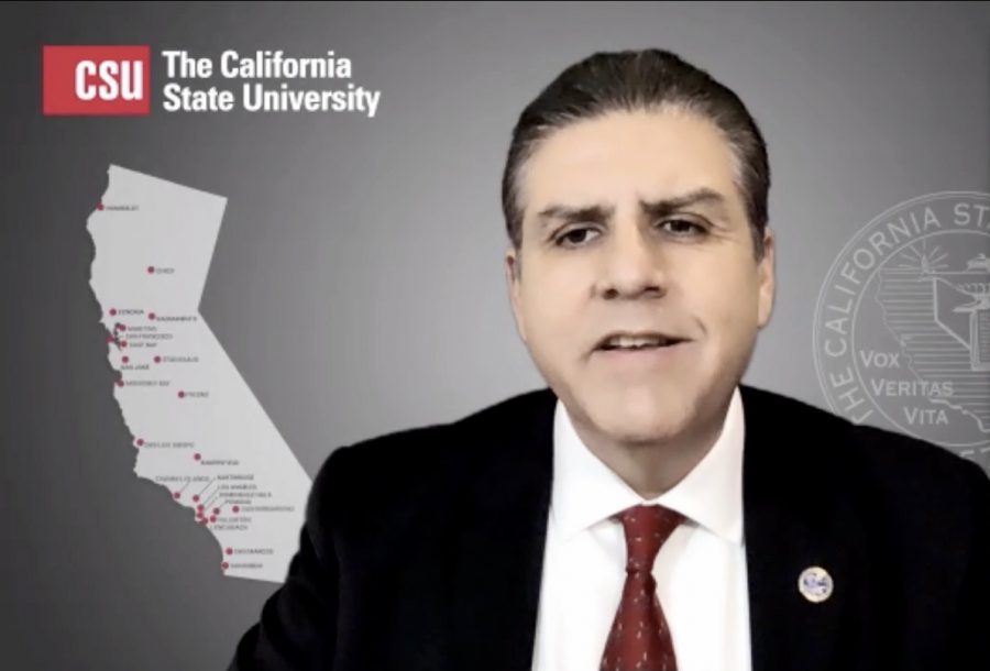 Incoming CSU chancellor and Fresno State president Joseph Castro discusses his plans for campuses on Wednesday, Sept. 30, 2020 as he prepares to take office on Jan. 4, 2021. Castro addressed the virtual spring semester, funding for police departments and diversity across the 23 campuses. Screenshot by Jenna Cooper via Zoom.